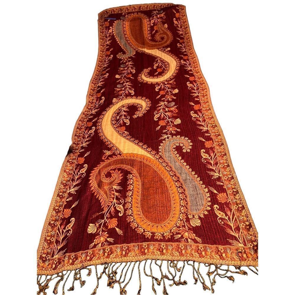 KA Cashmere 100% Pashima Large Orange Brown Paisley Scarf Shoulder Wrap